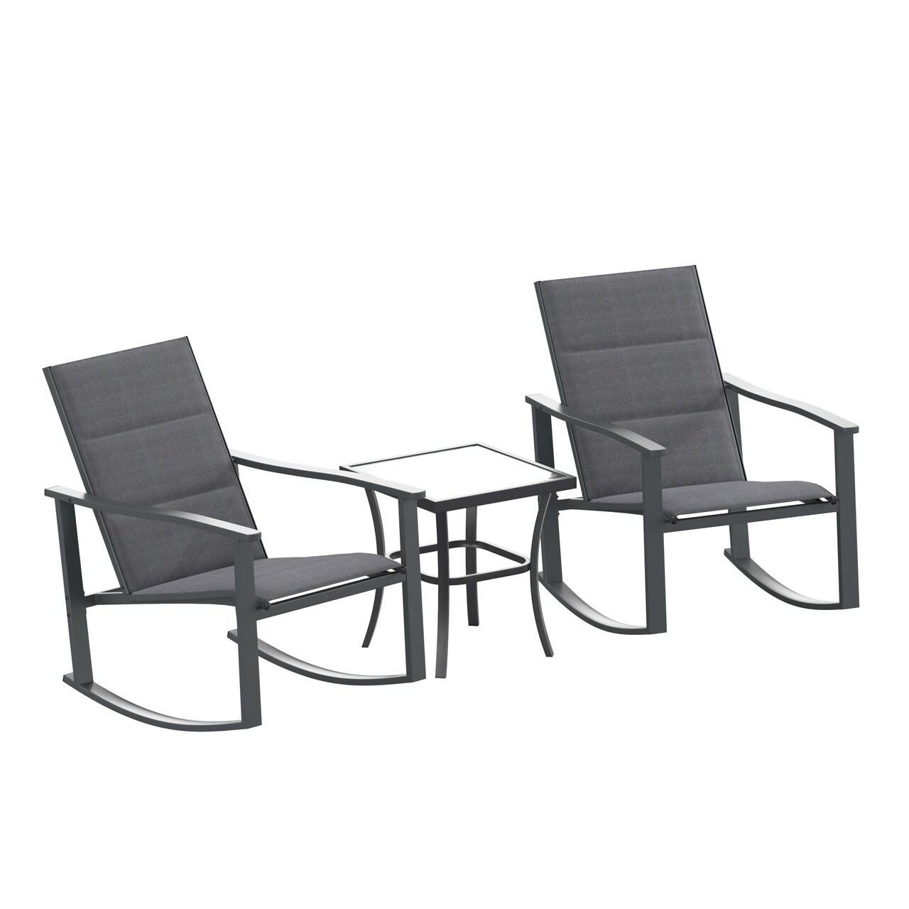 Merrick Lane Brevyn 3 Piece Outdoor Bistro Set with Flex Comfort Rocking Chairs and Steel Framed Glass Top Table